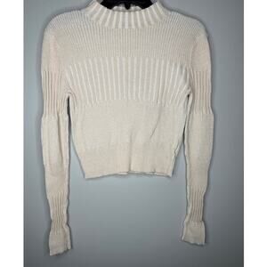 American Eagle Ribbed Mock Neck Sweater Cream Cropped Long Sleeve Cozy Knit